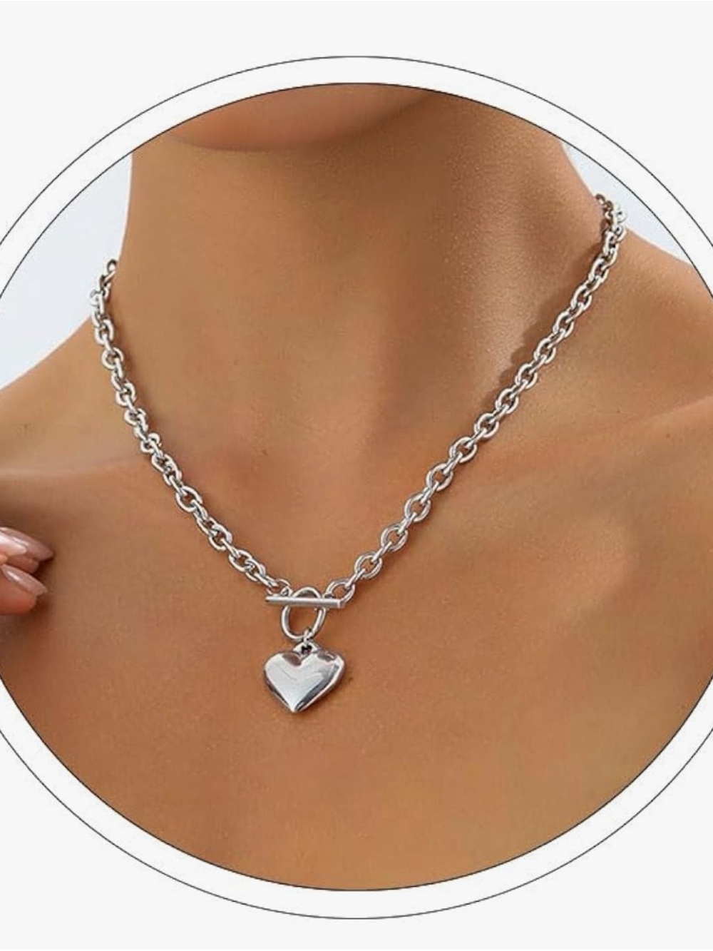 Chunky Silver Heart Toggle Chain Necklace - Statement Puffy Love Pendant Chain